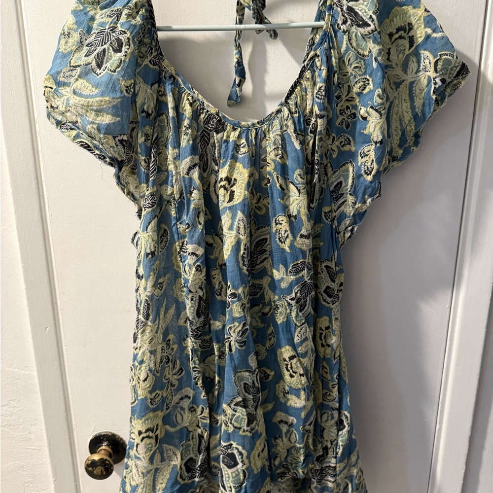 Free People Blue and Cream Floral Blouse